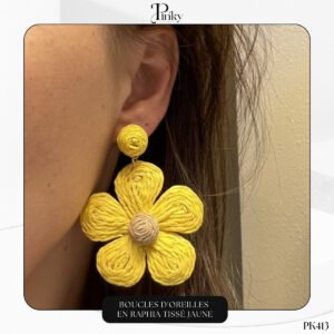 Boucles d'oreilles en raphia tissé jaune PK413