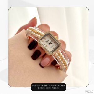 Montre Femme Rectangulaire Dorée Avec Perles PK626