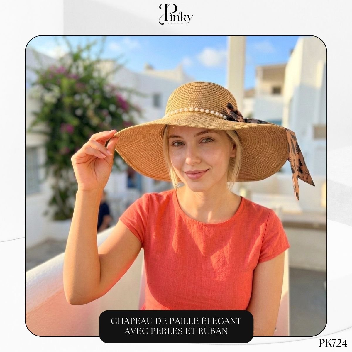 Chapeau de Paille Élégant avec Perles PK724 – Image 3