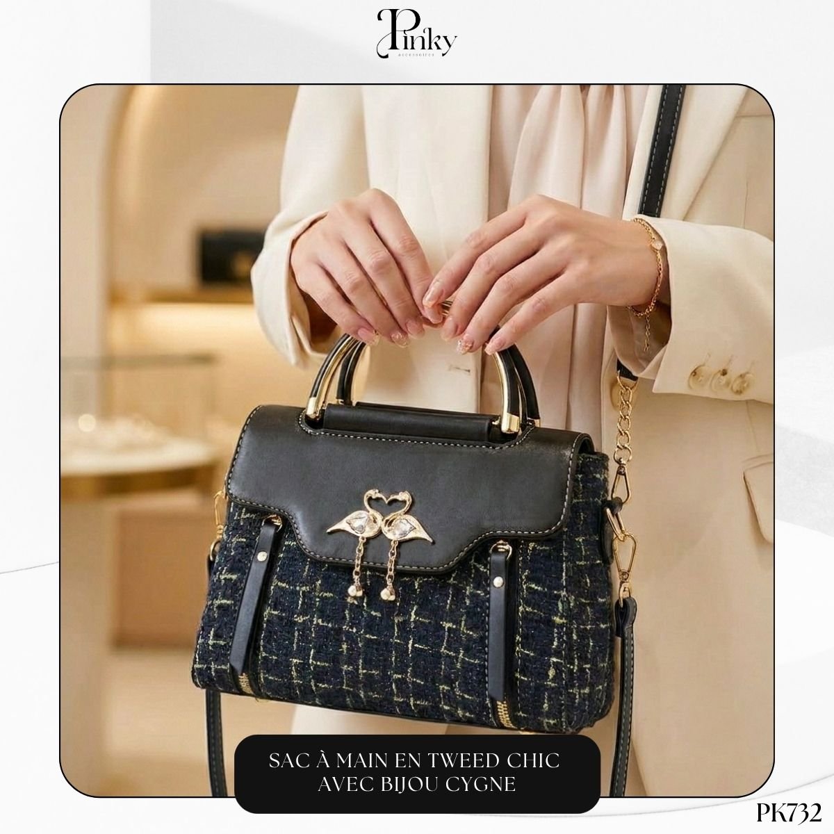 Sac à Main en Tweed Chic avec Bijou Cygne PK732 – Image 2