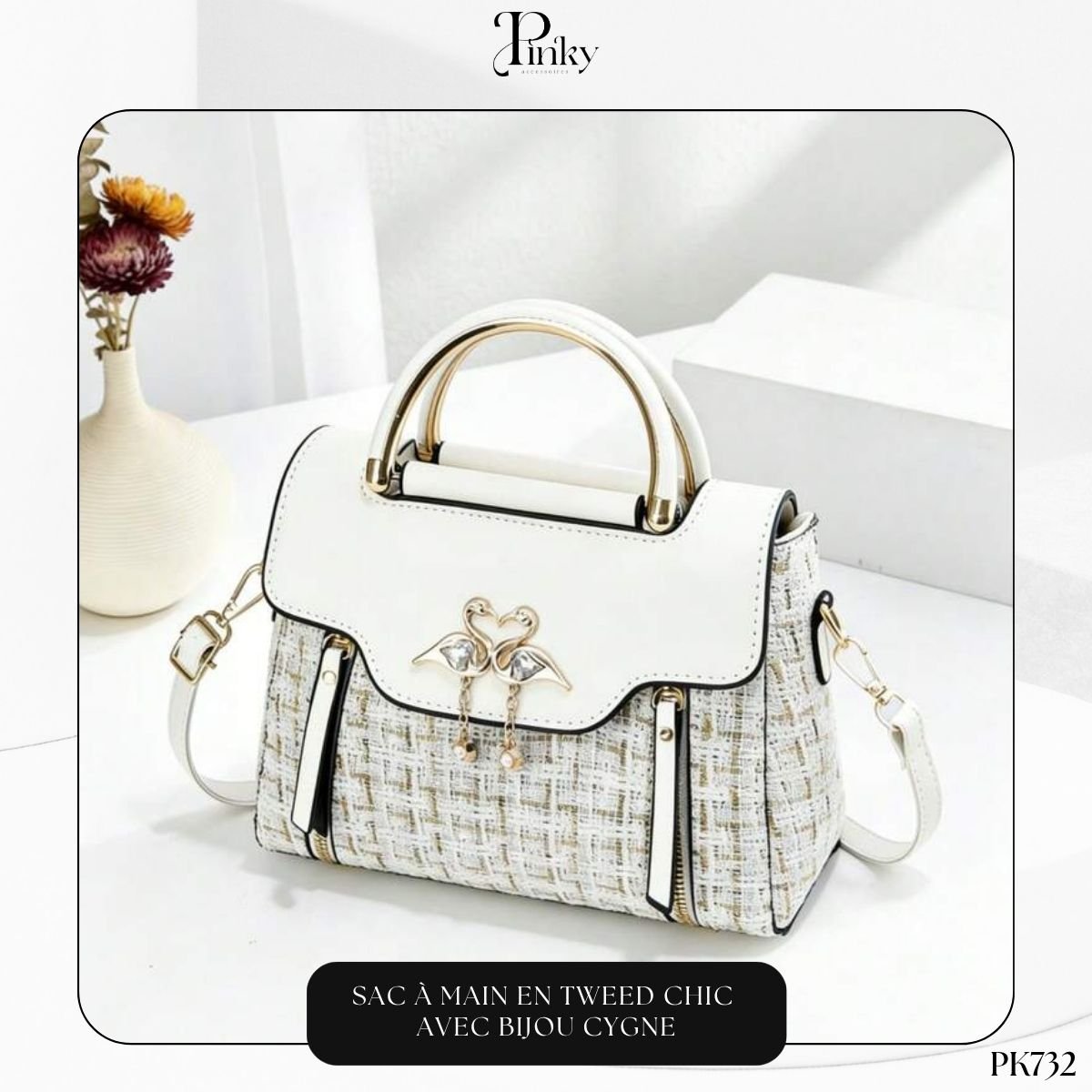 Sac à Main en Tweed Chic avec Bijou Cygne PK732 – Image 3