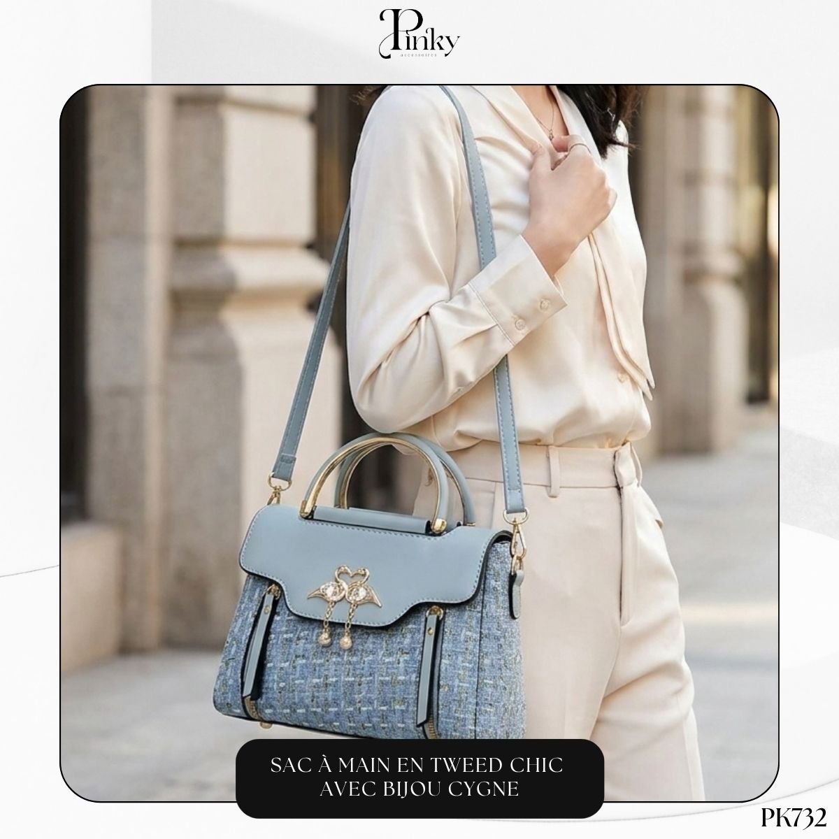 Sac à Main en Tweed Chic avec Bijou Cygne PK732 – Image 4